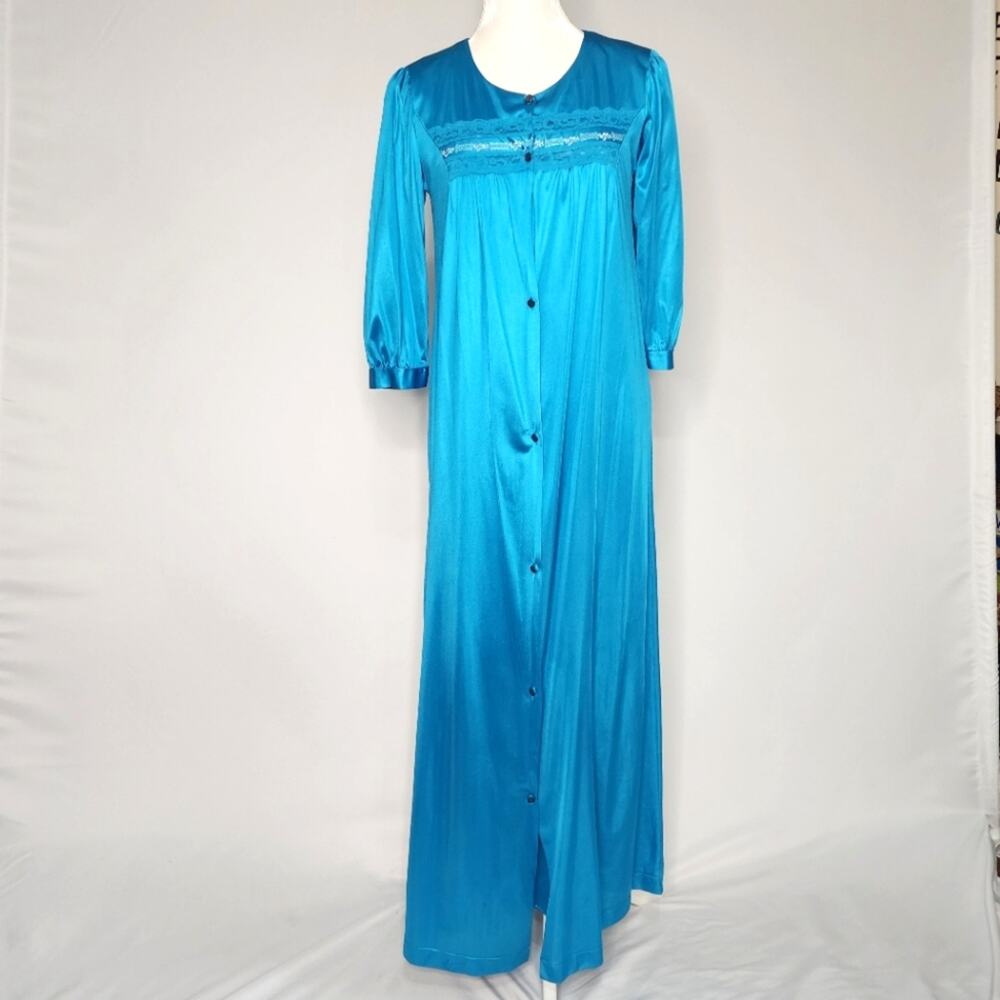 Vintage TexSheen Turquoise Satin Nightgown & Robe 2 Piece Set XS Small